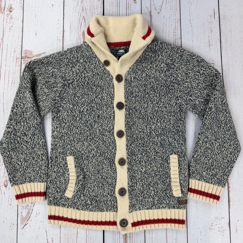 Roots Kids Shawl Collar Cardigan Sweater XL 11-12 Marled Navy Cream Red Stripe